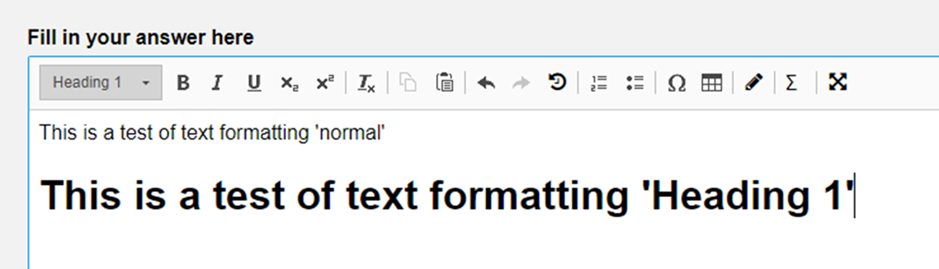 A screenshot within the text answer area of Inspera showing a larger next size enabled.