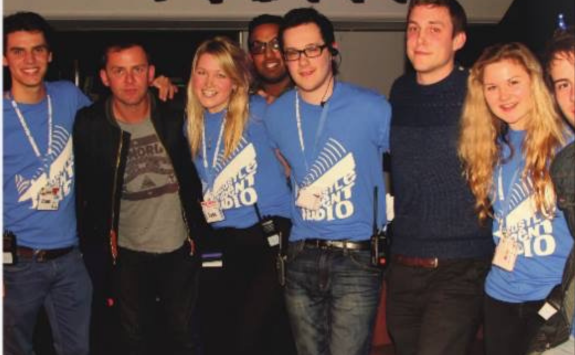 Emil and other students with Scott Mills and Greg James 