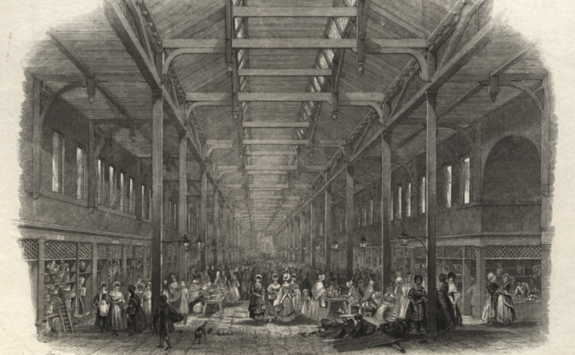 A black and white drawing of Grainger Market - or Newcastle Market - shortly after it opened in the 19th century