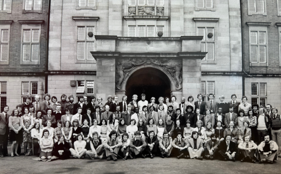 A black and white photograph of Medical graduates in 1975