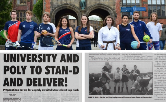 Team Newcastle posing in front of the Arches, with a lock up of 2001 newspaper headline underneath