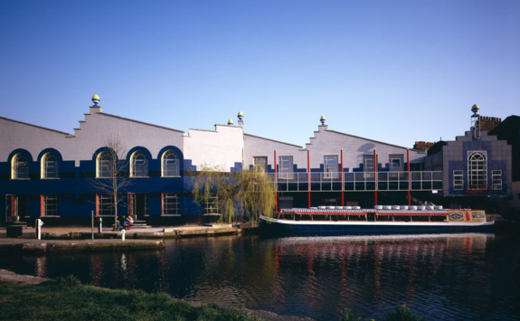 TV AM building with a canal boat in front