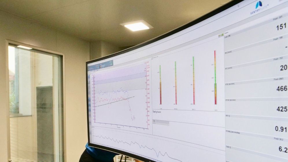 Performance testing data displayed on a large monitoring screen during an exercise assessment, showing real-time physiological and metabolic measurements collected as part of sport and health research.