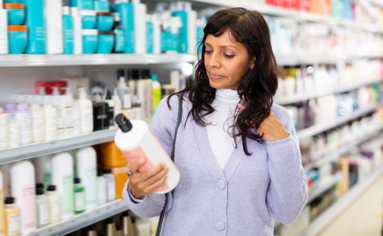Woman comparing a product while shopping in a health and beauty aisle.