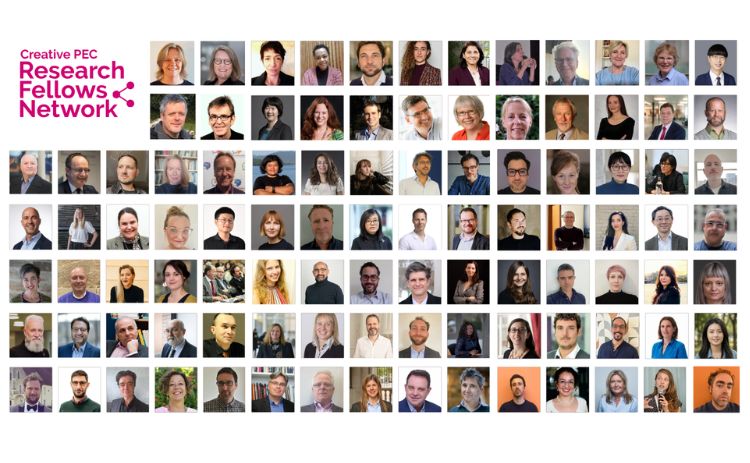 Creative PEC Research Fellows Network logo alongside a collage of headshots of more than 100 Research Fellows from around the world.