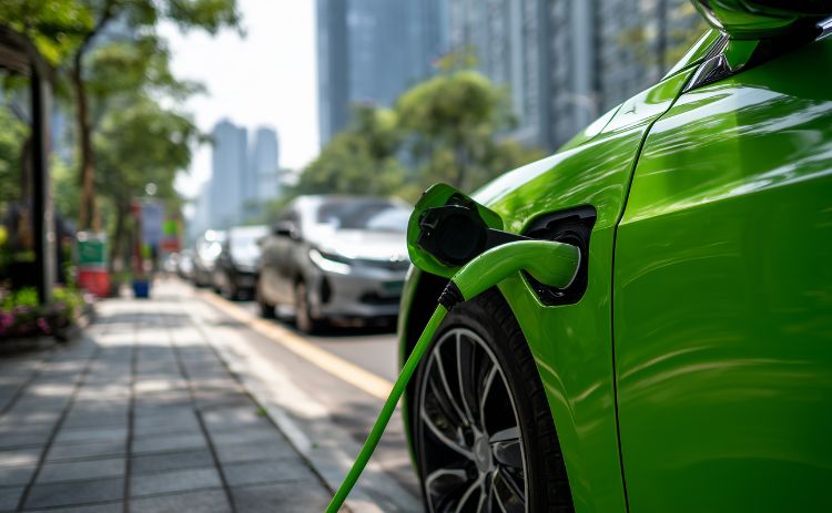 A green electric car plugged into a charging point on a city street, with other vehicles and buildings in the background.