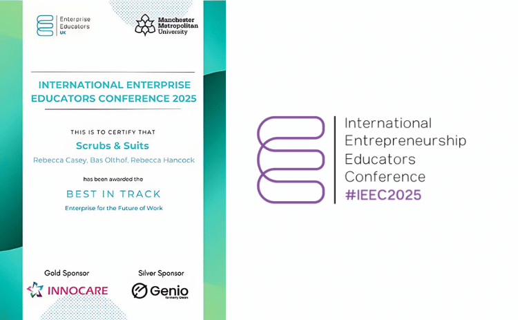 Certificate showing Scrubs and Suits project awarded Best in Track for Enterprise for the Future of Work at the International Enterprise Educators Conference 2025, alongside the IEEC logo