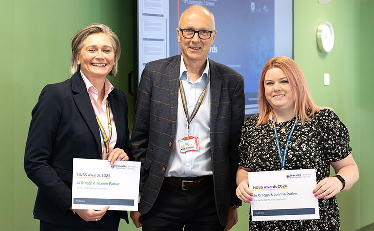 Joanne Parker and Jo Craggs hold their NUBS Awards 2026 certificates alongside Stewart Robinson.