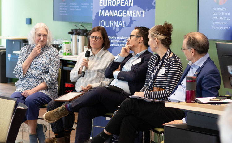 Female speaker contributes to a panel discussion at the Responsible Futures Skills Lab alongside fellow panellists.