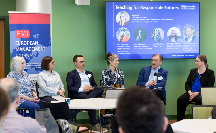 Panel discussion at the Responsible Futures Skills Lab, with speakers sharing insights on responsible management, research and education.