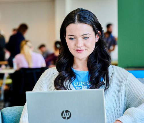 Light-skinned female student with long dark hair sat in comfy chair using a silver laptop