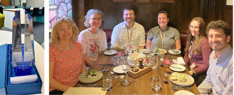 Left: British Academy of Management award trophy. Right: The Business in Action team celebrating the award (L–R): Jo Clark, Dr Lucy Hatt, Cian O’Sullivan, Jaclyn Wright, Keira Iveson, and Steven Sadi.