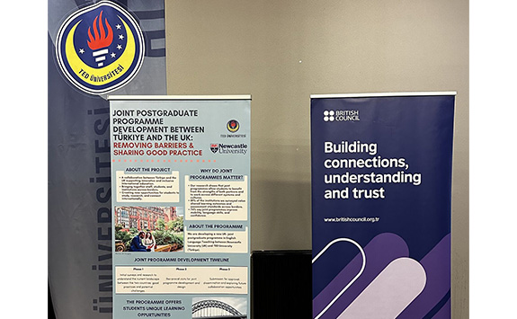 Two posters displayed at a conference. One British Council poster titled “Building connections, understanding and trust”. A second poster titled “Joint postgraduate programme development between Turkey and the UK: removing barriers and sharing good practice