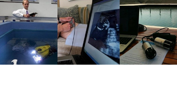  SEAlab research on subsea robot control (left), low cost ultrasound imaging (centre) underwater acoustic positioning/tracking (right) 