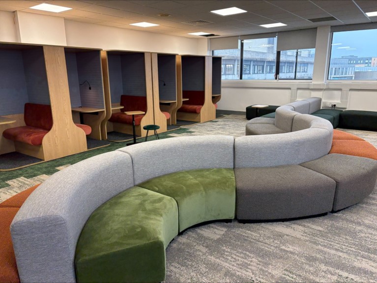 New layout of the Glen study space showing the snake sofa and several study huts