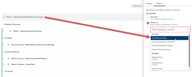Image of Canvas Modules with the Assign To Functionality shown with an arrow highlighting the correct assigment.