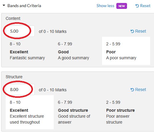 A screenshot of the bands and criteria options in Inspera.