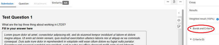 A screenshot of the bands and criteria options in Inspera.
