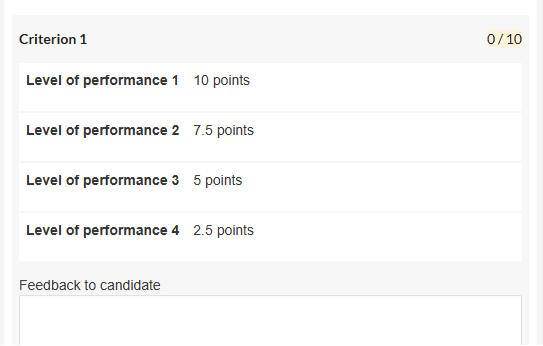 A screenshot of rubric options in Inspera.