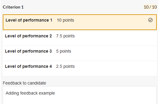 A screenshot of the rubric options in Inspera.