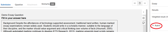 A screenshot showing the Rubrics option in marking view of Inspera.