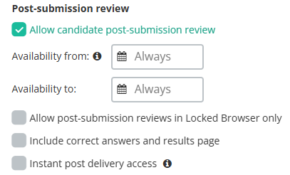 A screenshot of the Post-submission review options in Inspera.