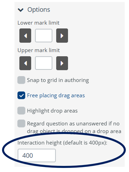 A screenshot of the interaction height option in a drag and drop question type.
