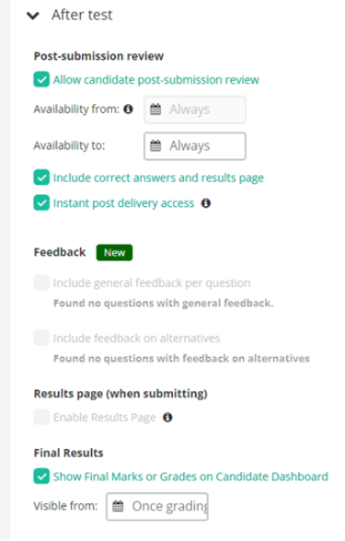 A screenshot of the feedback settings selected in Inspera as per the instructions.