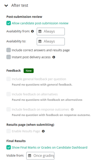 A screenshot showing the feedback settings in Inspera as detailed in the instructions.