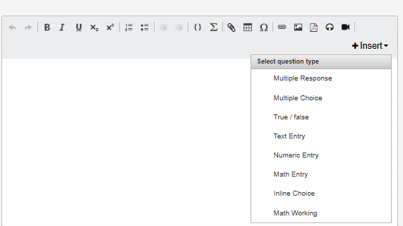 A screenshot of the question types available in an Inspera composite question.