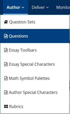 The questions dropdown of the Inspera Author module.