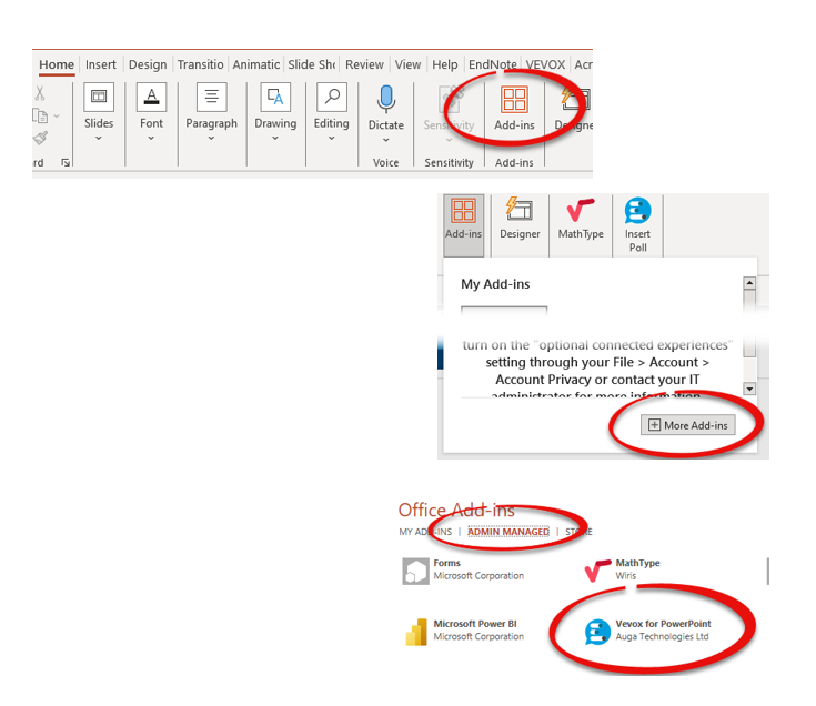 A screenshot of the steps listed to add the PowerPoint 365 add-in.