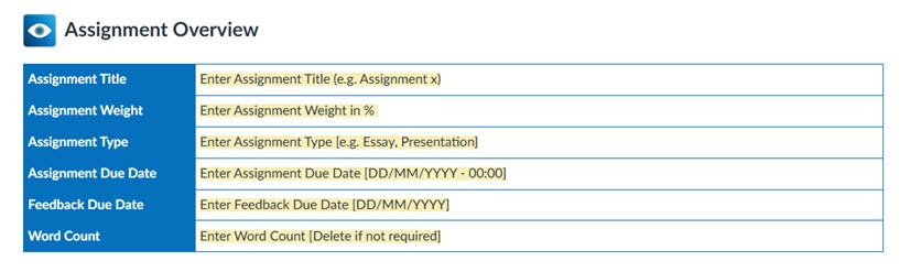 Image of the Assignment Overview Table