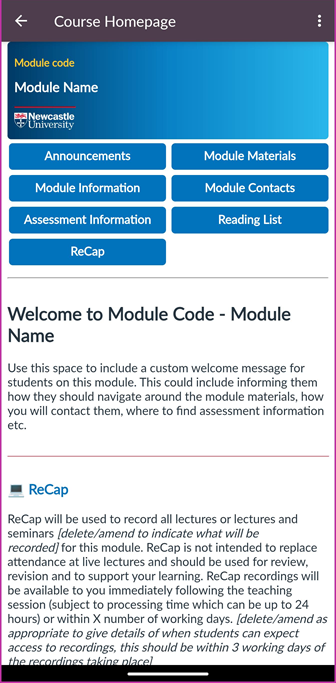Image of Canvas Homepage in Mobile Application View