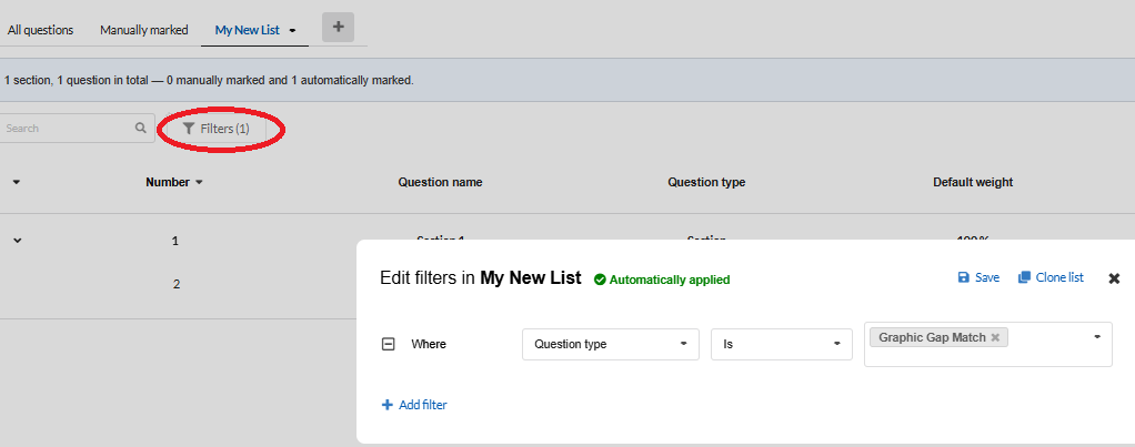 question filter view of inspera grade
