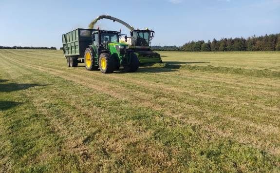 A harvester depositing grass into a container pulled by a tractor, taken by NUFarms