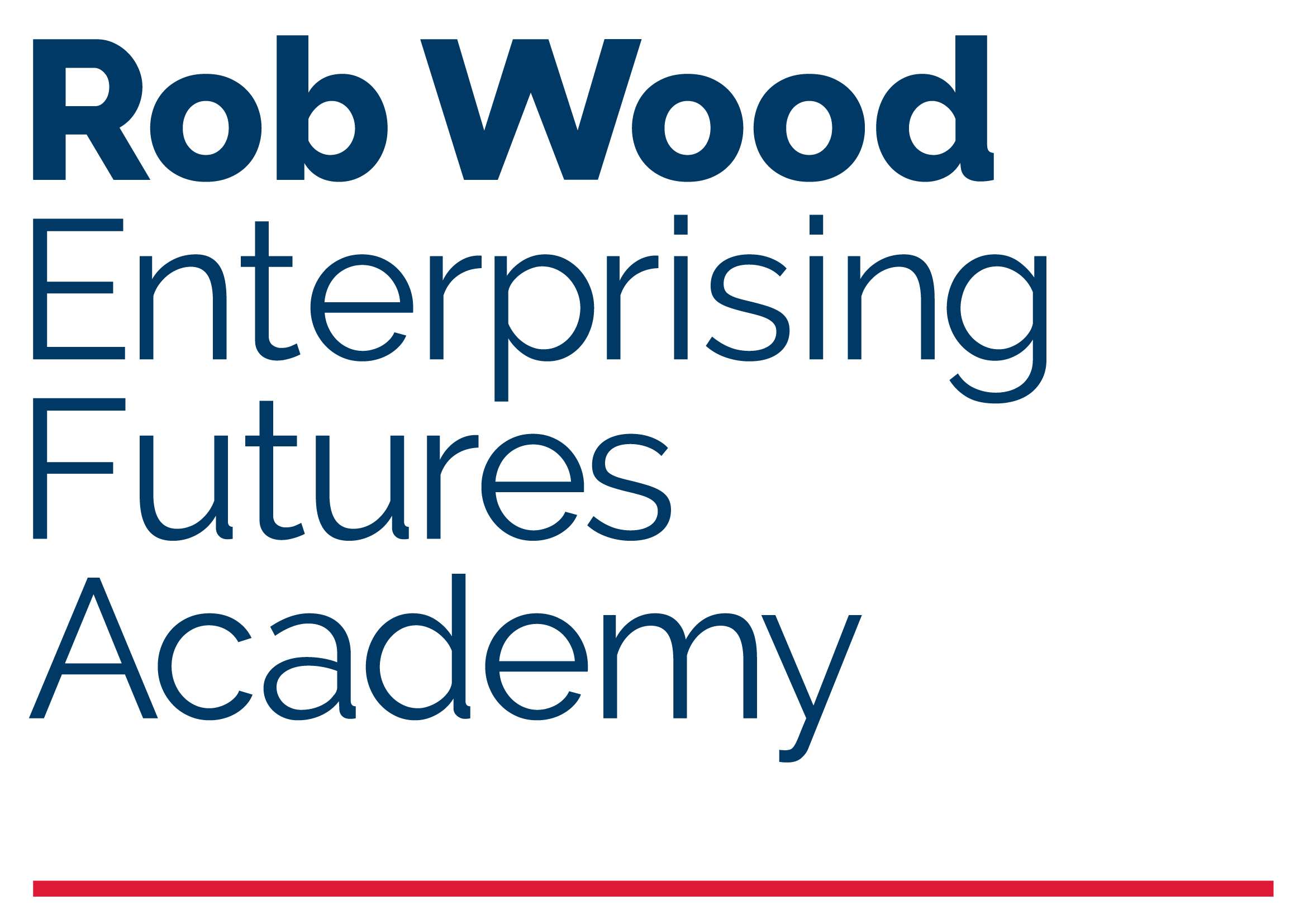 Logo for Rob Wood Enterpising Futures Academy with blue text and a red line underneath.