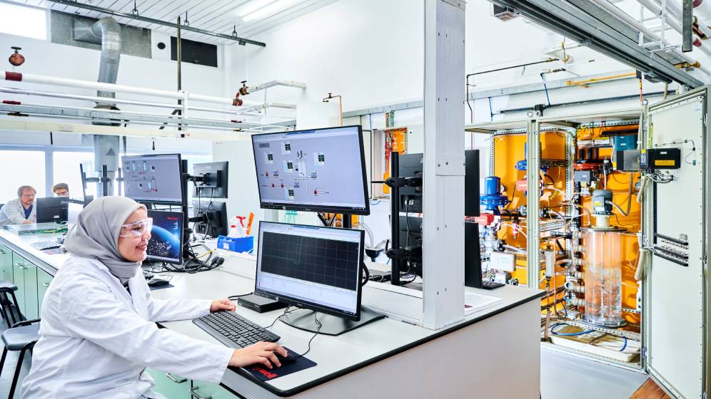 A student using a computer in a lab.